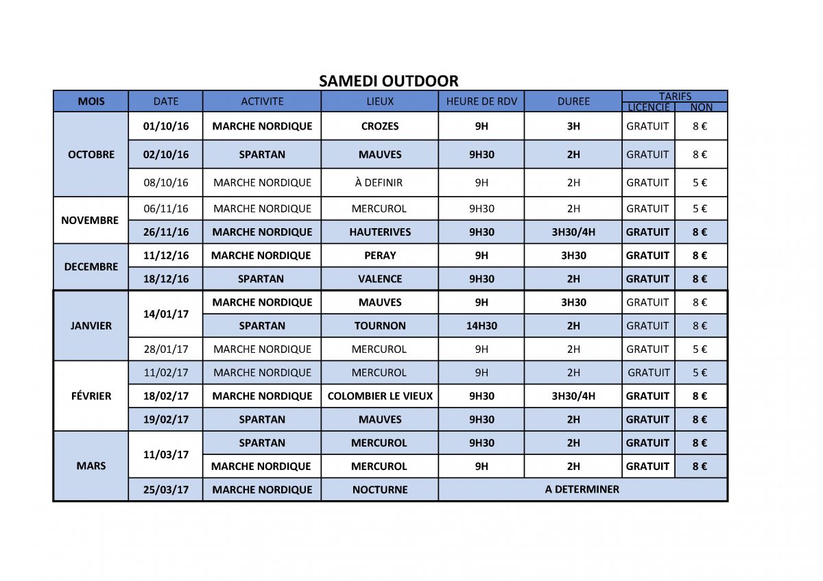 CALENDRIER SAMEDI OUTDOOR